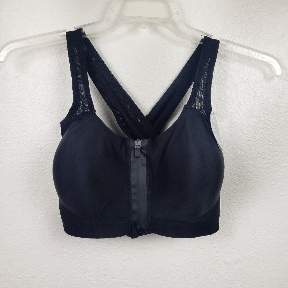 NWT New Half Moon Active Sports Bra Size XL Black Women's Zip Front